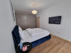um quarto com uma cama e uma televisão na parede em Sasu Apartment em Timisoara