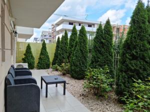 a patio with a row of evergreen trees at Sasu Apartment in Timişoara