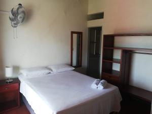 a bedroom with a bed with two shoes on it at Tucuma Casa Hotel in Leticia