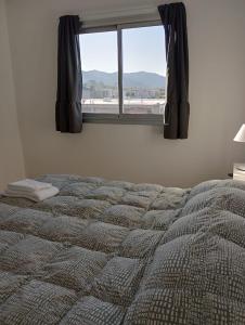 Schlafzimmer mit einem Bett und einem Fenster mit Aussicht in der Unterkunft DEPARTAMENTOS LEMOS in Mendoza