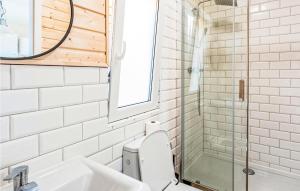 a bathroom with a toilet and a sink and a shower at Gorgeous Home In Rydzewo With House Sea View in Rydzewo