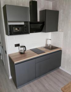 a kitchen with a sink and a microwave at Люкс Апартаменты Gray Pearl на Подолье in Vinnytsya