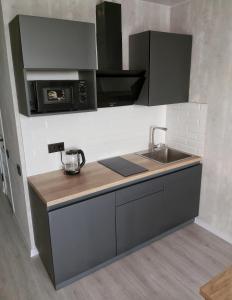 a kitchen with a sink and a microwave at Люкс Апартаменты Gray Pearl на Подолье in Vinnytsya +6 photos