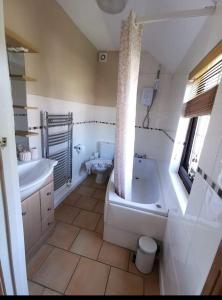 ein Badezimmer mit einer Badewanne, einem WC und einem Waschbecken in der Unterkunft Glan-Yr-afon cottage two bedrooms in Sennybridge
