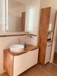a bathroom with a sink and a mirror at Schiller Apartment in Münchberg