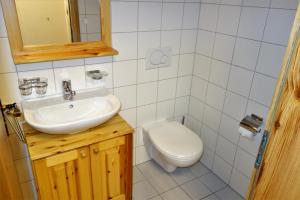 La salle de bains est pourvue d'un lavabo et de toilettes. dans l'établissement Pracondu OUTDOOR & FUN appartement 2 chambres avec Balcon, à Nendaz