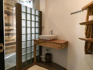 a bathroom with a sink on a wooden counter next to a shower at E.I. SUITES in Siquijor