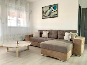 salon z kanapą i stolikiem kawowym w obiekcie La coulée verte w mieście Auxerre