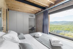 a bedroom with a bed and a large window at Villa Terra Motovun in Motovun