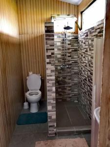 W łazience znajduje się prysznic, toaleta i umywalka. w obiekcie Fare To'erau & Mara'amu w mieście Papetoai