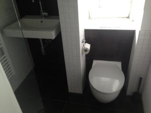 La salle de bains est pourvue de toilettes blanches et d'un lavabo. dans l'établissement Wohnung mit Charme, à Munich