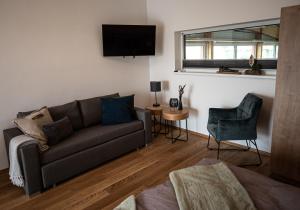 a living room with a couch and a tv at Gober & Freinbichler Weine von Hand in Horitschon