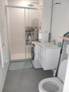 a bathroom with a shower and a toilet and a sink at Logement centre Sarzeau Golfe du Morbihan France in Sarzeau