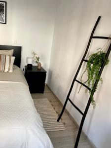a bedroom with a bed and a plant at Superbe logement près de Bruxelles avec spa privé in Brussels