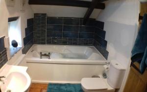 a bathroom with a tub and a toilet and a sink at The Barn - Trelash, North Cornwall in Warbstow