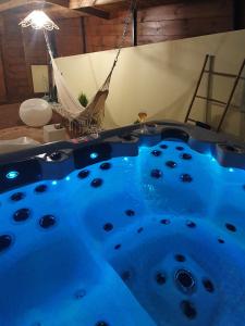 bañera de hidromasaje en una habitación con hamaca en Au Doux Refuge en Le Lambert