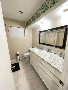 a bathroom with a sink and a toilet and a mirror at Super Cozy 4 Bedroom - Sleeps 10 Great for families and professionals in Katy +22 photos