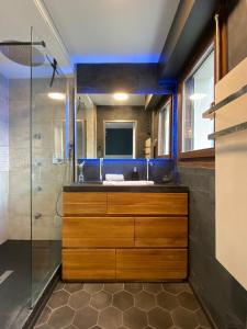 La salle de bains est pourvue d'un lavabo et d'une douche en verre. dans l'établissement Le Malaga - parking & balcon, à 500m du lac !, à Annecy