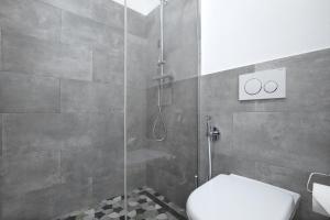 a bathroom with a shower with a toilet at City Hall view Apartment Liberec in Liberec