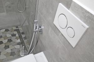 a shower in a bathroom with a toilet at City Hall view Apartment Liberec in Liberec