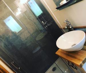 a bathroom with a sink and a shower at The Owls Rest Shepherds Hut Hethel in Norwich