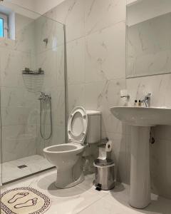 La salle de bains est pourvue de toilettes, d'un lavabo et d'une douche. dans l'établissement Deni's Hotel, à Saranda