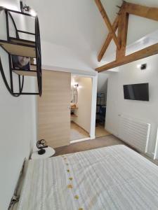 Habitación con cama y TV en la pared. en Petite Maison Cosy, en Saint-Brieuc
