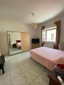 1 dormitorio con cama y espejo grande en Casa Riri, en San Benedetto del Tronto
