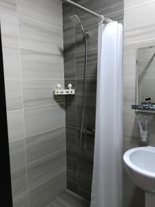 a bathroom with a shower curtain and a sink at Family Guest House in Tbilisi City