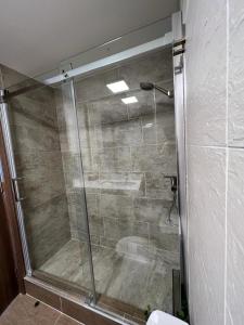 a shower with a glass door in a bathroom at Terrazas de Cochoa in Viña del Mar