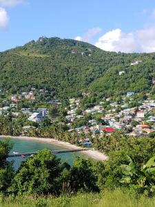a view of a beach with houses and trees at Juju's Cottage with magnificent views in Laborie