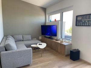 un soggiorno con un divano e una TV di Fenyves Beach Apartman Delux a Balatonfenyves