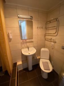 a bathroom with a sink and a toilet and a mirror at Laine guesthouse in Narva-Jõesuu