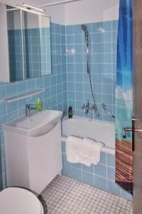 baño de azulejos azules con bañera y aseo en Manhattan 516 mit Schwimmbad, en Hohegeiss