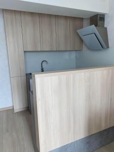 a kitchen with wooden cabinets and a sink at Apartman Hestia in Rajecké Teplice