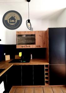 a kitchen with a counter with a stove top oven at JUNA - nowoczesny apartament w centrum z widokiem na park in Pruszków