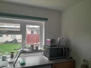 a kitchen with a microwave and a window at Lovely 1-Bed Studio in London in London