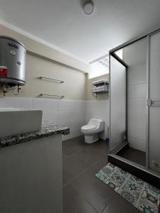 a bathroom with a toilet and a sink and a shower at Departamentos Caraz in Caraz