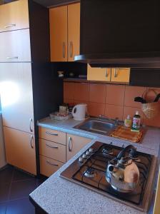 a kitchen with a stove with a tea kettle on it at Centrinio parko apartamentai in Šiauliai
