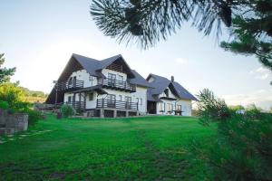 a large house with a large yard with green grass at Cabana Plăieșul in Tîrgu Neamţ