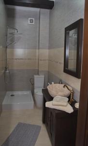 La salle de bains est pourvue d'un lavabo, de toilettes et d'une baignoire. dans l'établissement Cabana Plăieșul, à Tîrgu Neamţ