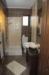 La salle de bains est pourvue de toilettes, d'un lavabo et d'une baignoire. dans l'établissement Cabana Plăieșul, à Tîrgu Neamţ