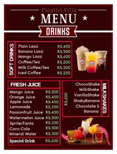 menu restauracji z napojami w obiekcie Parallel villa w mieście Trikunamalaja