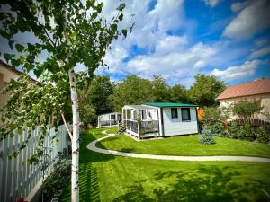 a tiny house in a yard with a tree at Căsuța din vale in Oradea