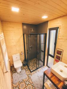 a bathroom with a shower and a toilet and a sink at La Baita - ლა ბაიტა 2 in Tbilisi City