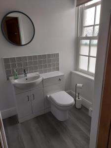 een badkamer met een toilet, een wastafel en een spiegel bij No 2 New Buildings Morebattle in Morebattle