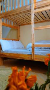two bunk beds in a room with orange flowers at Osotwa Maasai Hostel in Arusha