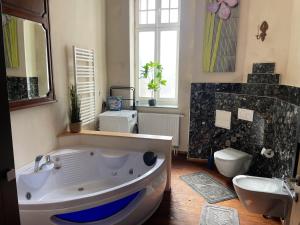 a bathroom with a large tub and a toilet at DZ Appartements - Ferienwohnung mit Klimaanlage, Whirlpool und freiem WLAN - ruhige, zentrale Lage in Wittenberge in Wittenberge