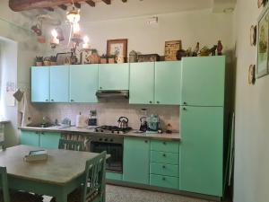 a kitchen with green cabinets and a table at Le Rondini in Petrignano