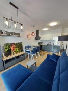 斯塞新的住宿－Kamienica Nova Nike 115，一间带蓝色沙发的客厅和一间厨房